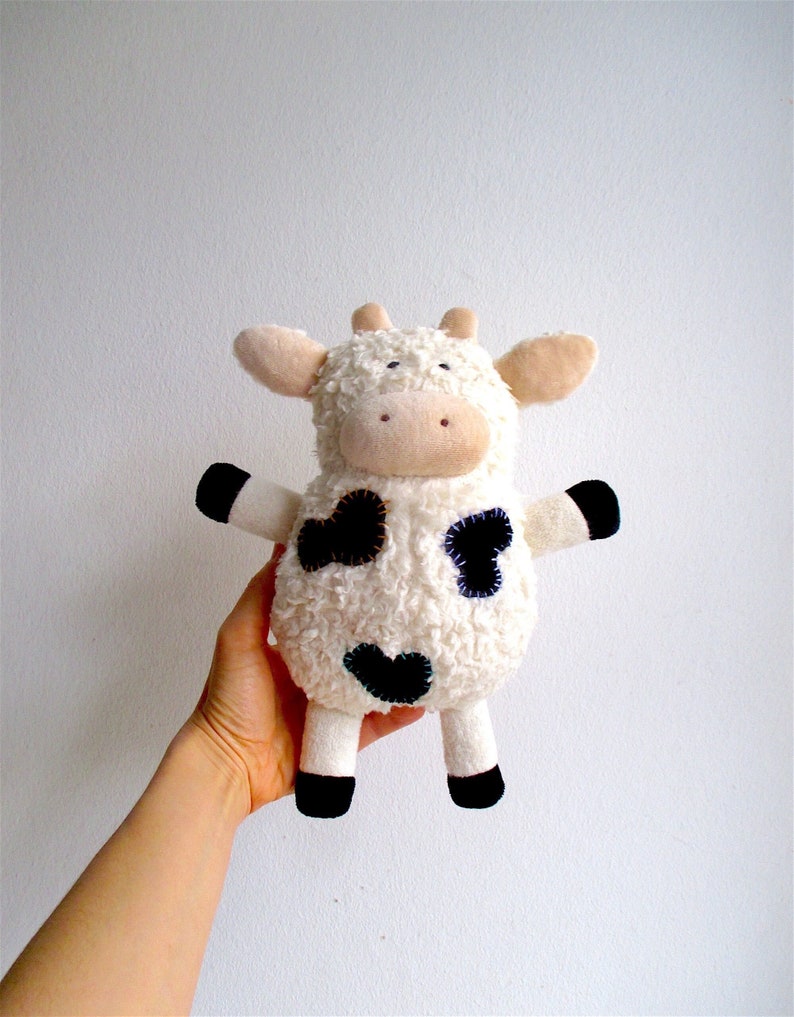 Organic cow toy, plush, stuffed animal, cuddly, soft, eco-friendly, baby, toddler gift, white, black, beige, can be vegan image 1