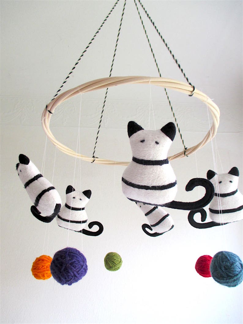 Nursery mobile cats, baby mobile cats, kittens, black and white, colorful, nursery decor cats, shower gift, new baby, organic, cosy, stripes image 4