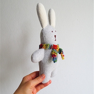 Organic bunny toy, cuddly bunny, gray, white, wool, cotton, stuffed toy, baby gift, toddler, shower gift, eco friendly, Easter, rainbow image 3