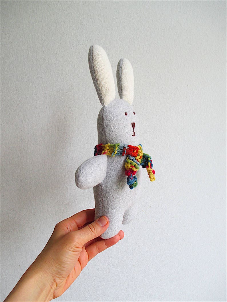 Organic bunny toy, cuddly bunny, gray, white, wool, cotton, stuffed toy, baby gift, toddler, shower gift, eco friendly, Easter, rainbow image 3