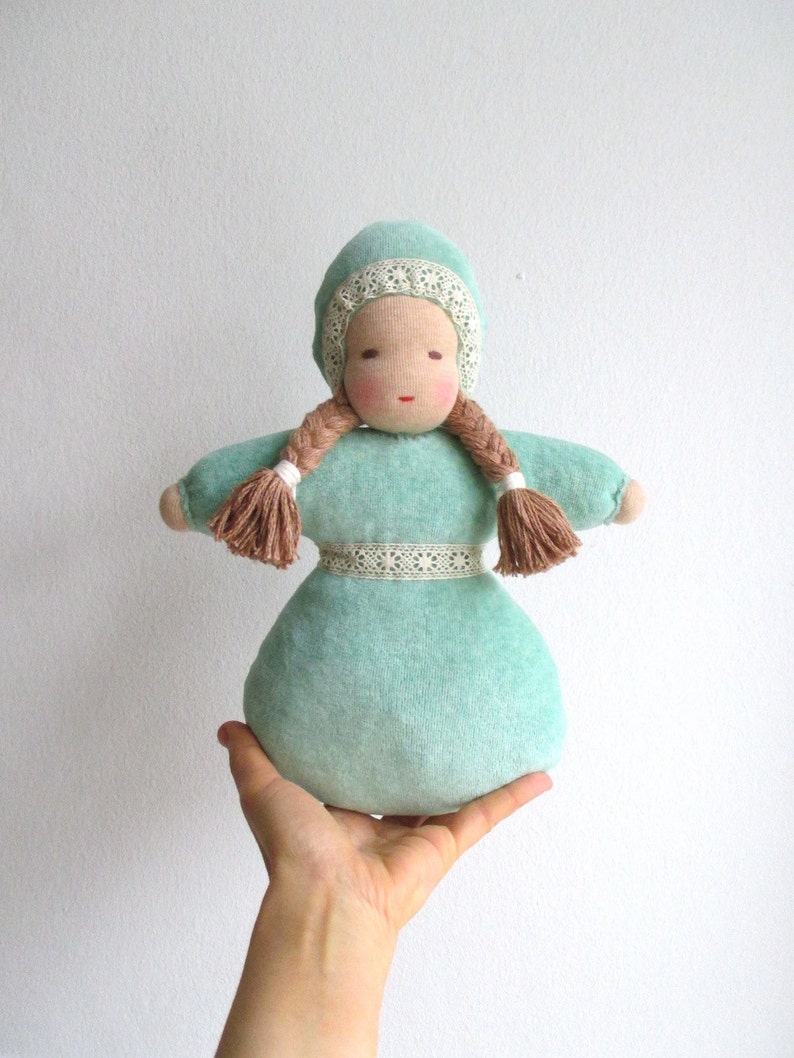 Waldorf doll, organic girl baby doll, 10.5inch, soft, light green, mint green, brown eyed, plush, Christmas gift for girl image 1