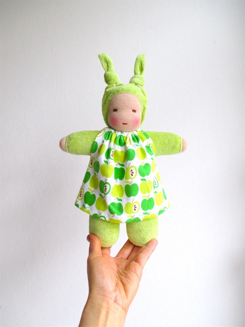 Organic Waldorf bunting dolls, baby doll green, apple print, baby first doll, gift for baby girl, organic baby shower image 1