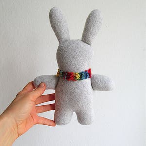 Organic bunny toy, cuddly bunny, gray, white, wool, cotton, stuffed toy, baby gift, toddler, shower gift, eco friendly, Easter, rainbow image 4