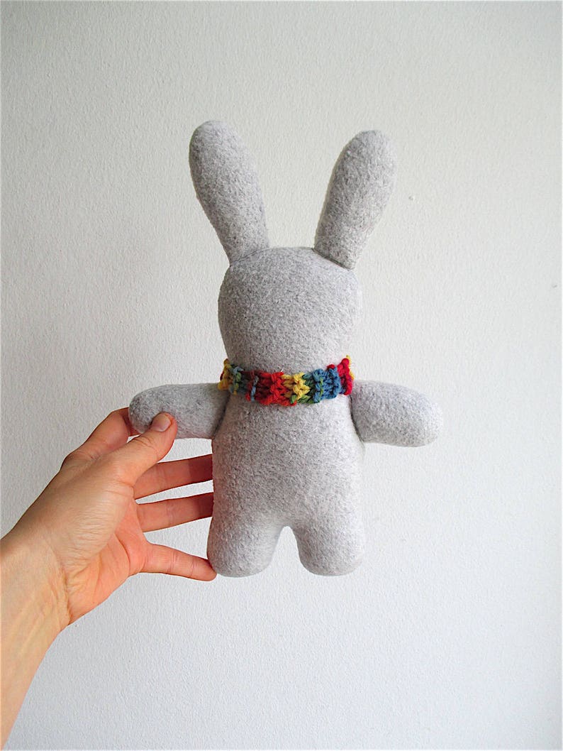 Organic bunny toy, cuddly bunny, gray, white, wool, cotton, stuffed toy, baby gift, toddler, shower gift, eco friendly, Easter, rainbow image 4