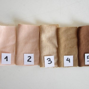 May include: Five fabric swatches in different shades of brown, labeled 1 through 5.