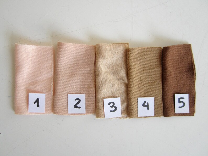 May include: Five fabric swatches in different shades of brown, labeled 1 through 5.