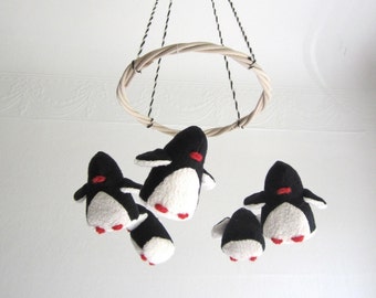 Organic Cotton Penguin Baby Mobile, Black White Nursery Decor