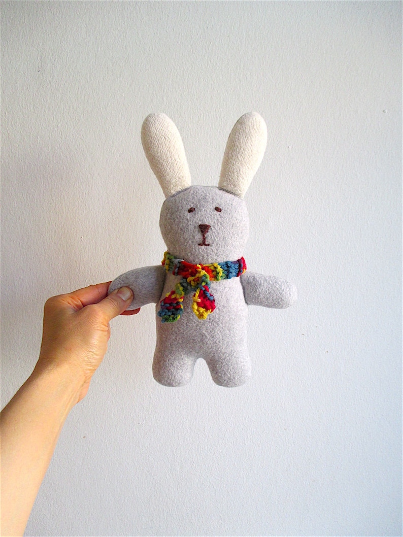 Organic bunny toy, cuddly bunny, gray, white, wool, cotton, stuffed toy, baby gift, toddler, shower gift, eco friendly, Easter, rainbow image 1