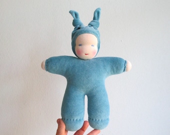 Organic Waldorf Doll 10.5inch, blue, turquoise, eco friendly, bunting, cosy, baby gift, shower gift