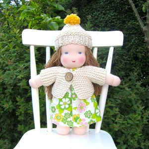 Waldorf doll, organic, blue eyed, eco friendly, long haired, white, green, cosy, soft, natural, 12 inch