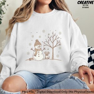 Pupazzo di neve minimalista e cane PNG – Clipart invernale disegnata a mano con albero spoglio e fiocchi di neve – Design di sublimazione natalizio accogliente