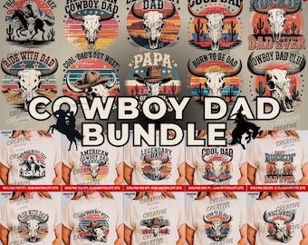 Cowboy Dad T-Shirt Bundle | Western Skull Dad SVG PNG | Rodeo Papa Sublimation Clipart | Cool Dad Wild West Shirt Design Files