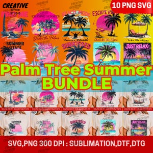 Palm Tree Summer SVG PNG Bundle | Tropical Sunset Beach Sublimation Designs | Vacation Vibes Clipart for Shirts and Crafts