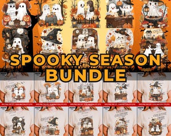 Spooky Season SVG PNG Bundle | 10 Cozy Ghost Designs | Pumpkin Patch, Witchy Cottage | 300 DPI for Sublimation