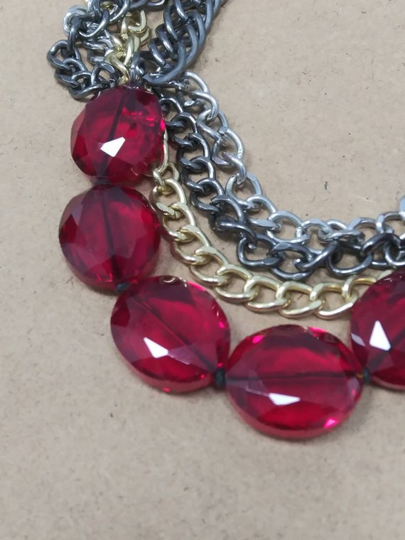 Multi Strand Red Crystal and Curb Chain Necklace