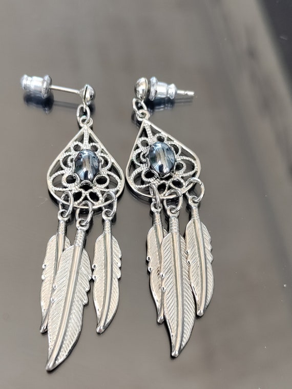 Metal Lace Filigree Feather Drop Earrings