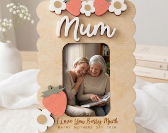 Personalized Wooden Photo Magnet, Custom Mom Fridge Frame, Strawberry Gift for Grandma, Mother’s Day Family Keepsake
