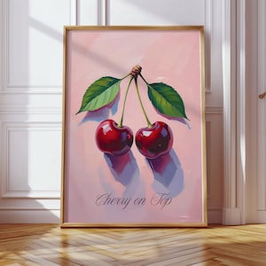 Cherry on Top Art Print - Elegant Cherry Illustration Poster - Pink Fruit Wall Decor for Kitchen, Cafe, Kids room , Kitchen Poster