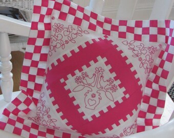 Pretty In Pink Embroidered and Pieced Pillow Pattern - Checkerboard Four Patch - PDF Download