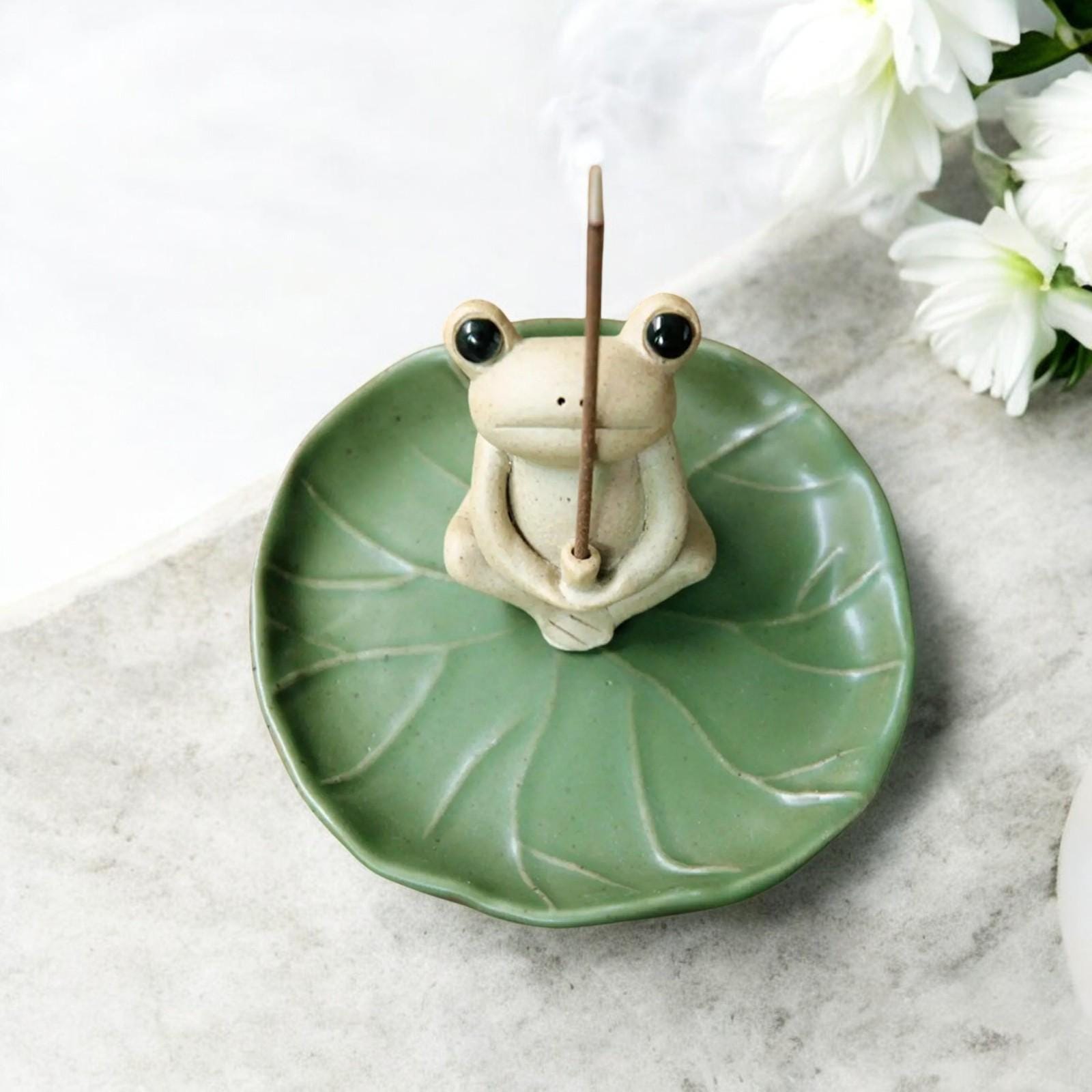 Desktop Decor Cute Ceramic Frog Incense Holder With Lily Pad Ash