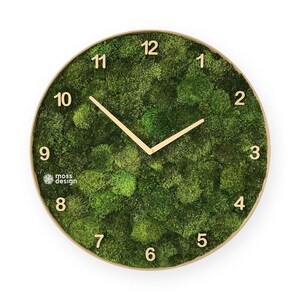Pode incluir: Relógio de parede redondo com um design de musgo natural. O mostrador do relógio é coberto com musgo verde, com ponteiros e algarismos dourados. O relógio tem uma moldura de madeira castanha clara e o texto "moss design" é visível.