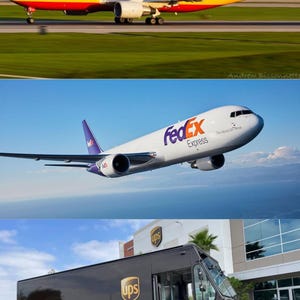 May include: Image featuring three modes of transportation: a yellow DHL cargo plane, a white FedEx Express plane, and a brown UPS electric delivery truck. The planes are in flight, while the truck is parked.