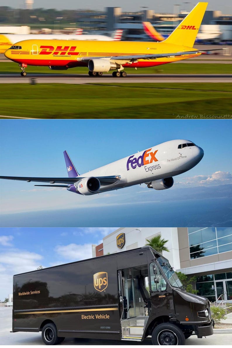 May include: Image featuring three modes of transportation: a yellow DHL cargo plane, a white FedEx Express plane, and a brown UPS electric delivery truck. The planes are in flight, while the truck is parked.