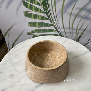 Puede incluir: Un cuenco peque&ntilde;o y redondo de color beige con una superficie texturizada. El cuenco tiene una abertura ancha y una base ligeramente c&oacute;nica. El cuenco est&aacute; sobre una mesa de m&aacute;rmol blanco. El fondo presenta un patr&oacute;n de hojas verdes y blancas.
