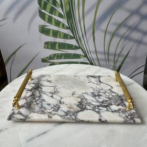 Handmade  Calacatta Marble Tray – Handmade Decorative Serving Tray with Gold Handles | Elegant Stone Vanity or Coffee Table Decor