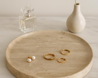 Round Travertine Tray 27 cm, Natural Stone Vanity Tray for Jewelry & Perfume