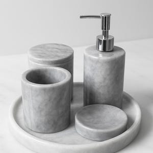Gray Marble Bathroom Set – 5 Piece Natural Stone Vanity Set with Soap Dispenser, Tray, Canister | Handmade Marble Bath Accessories