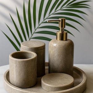 Green Marble Bathroom Set – 5 Piece Rustic Natural Stone Bath Accessory Set with Dispenser & Tray | Handcrafted Vanity Decor