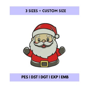 以下が含まれることがあります： 赤いスーツと帽子に白いひげを生やしたサンタクロースの漫画イラスト。画像には「3 SIZES + CUSTOM SIZE」と「PES | DST | DGT | EXP | EMB」という文字が含まれています。