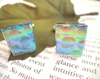 Unisex Jewelry Father\u2019s Day Gift Dichroic Glass Cuff Links in Blue