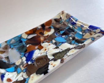 Jabonera de vidrio fusionado con mosaico única en su tipo, vidrio artístico hecho a mano, decoración de baño