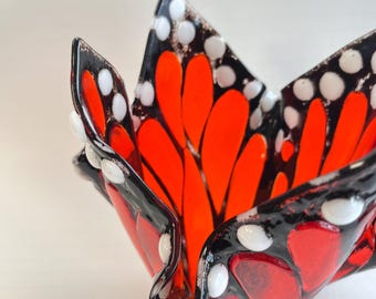 Jarrón de mariposa monarca, jarrón de vidrio fundido, portavelas de mariposa de vidrio emplomado