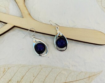 Pendientes de cristal dicroico azul: pendientes colgantes de plata de ley