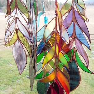 Large Single Stained Glass Feather Sun Catcher Rainbow Colors on Leather Strings