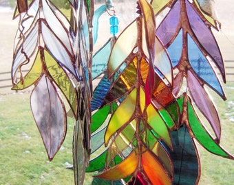 Large Single Stained Glass Feather Sun Catcher Rainbow Colors on Leather Strings