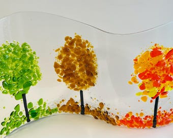 Escultura de árbol otoñal de vidrio fundido, arte de olas independiente