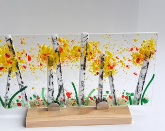 Estante de vidrio fundido con forma de árbol de álamo temblón, arte de vidrio, bosque otoñal