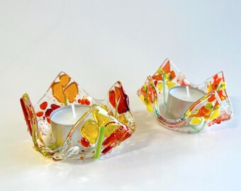 Vela votiva de vidrio fundido, flores de primavera, arte de vitral, vela de té, juego de 2