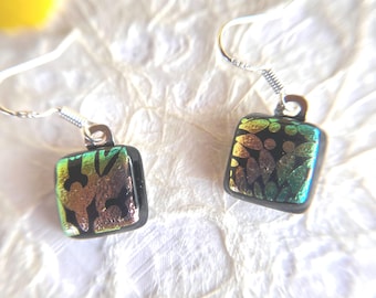 Dichroic Fused Glass Earrings: Gold Black Pink Sterling Silver