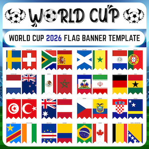 May include: A World Cup 2026 flag banner template with flags of different nations. The design incorporates soccer balls with wings and the words "World Cup". The flags are presented in a vertical banner arrangement.