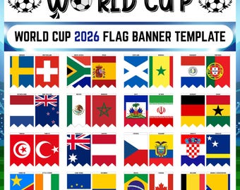 Afdrukbare vlagbanner WK 2026 met alle gekwalificeerde landen, decor WK voetbal, voetbaldecoratie (pdf-download)