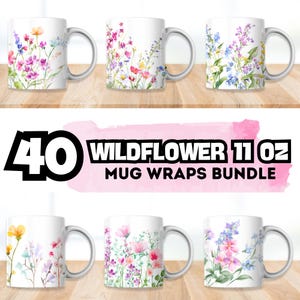 Diseños de sublimación de tazas con flores silvestres en acuarela: 40 envoltorios PNG (plantilla para taza de 325 ml, descarga digital)