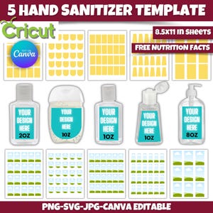 5 Hand Sanitizer Label Bundle, Hand Sanitizer Vorlagen, Mini Hand Sanitizer Label, Hand Sanitizer leere Vorlage, Canva bearbeitbar, svg, png