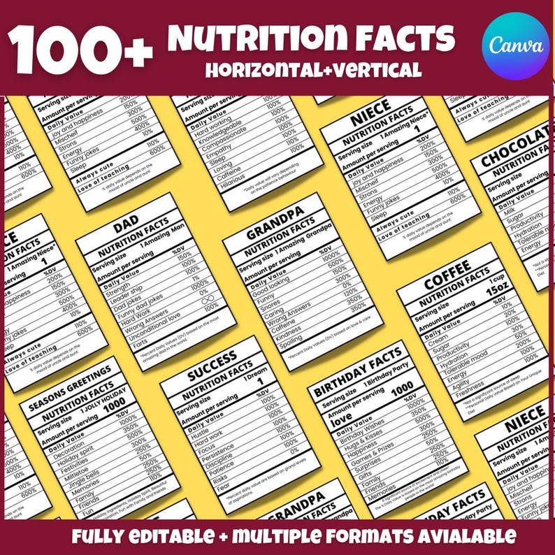 May include: A set of printable nutrition facts labels with various themes, including "Niece", "Dad", "Grandpa", "Seasons Greetings", "Success", "Birthday", "Coffee", and "Chocolate". The labels are designed to look like a nutrition facts label with a humorous twist, listing various positive attributes instead of nutritional information.