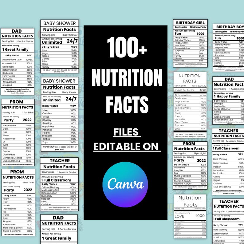 May include: A digital download of 100+ printable nutrition facts templates for various events, including baby showers, birthday parties, proms, and teacher appreciation. The templates are editable on Canva and feature a black and white design with a bold, modern font.