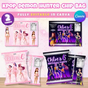 Bewerkbare Kpop Demon Hunter Chip Bag labelsjabloon verjaardagsfeestje, gepersonaliseerde K-Pop 2 themafeest gunst, Chip Bag Wrapper Decor AFDRUKBAAR
